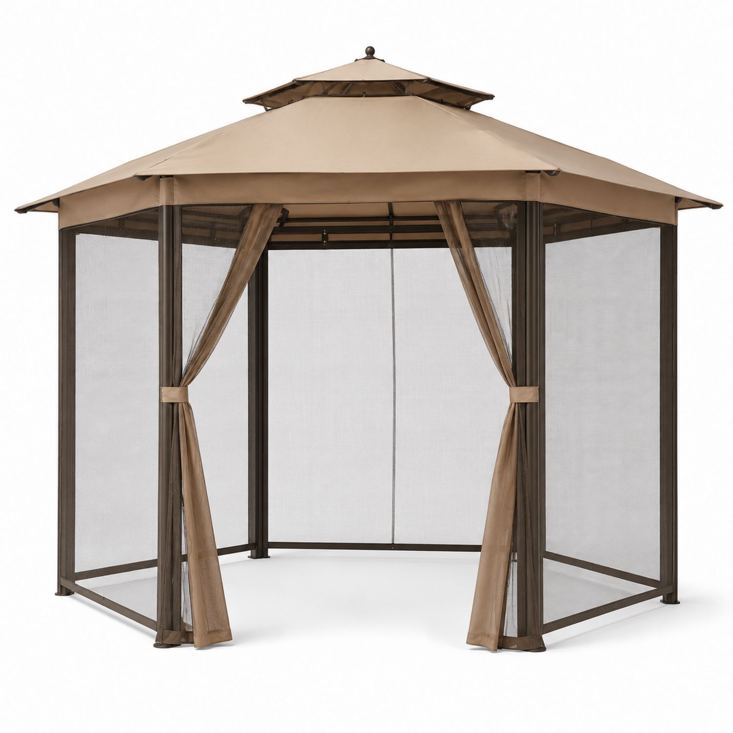 Gazebo esagonale in acciaio e tessuto poliestere con reti marroni