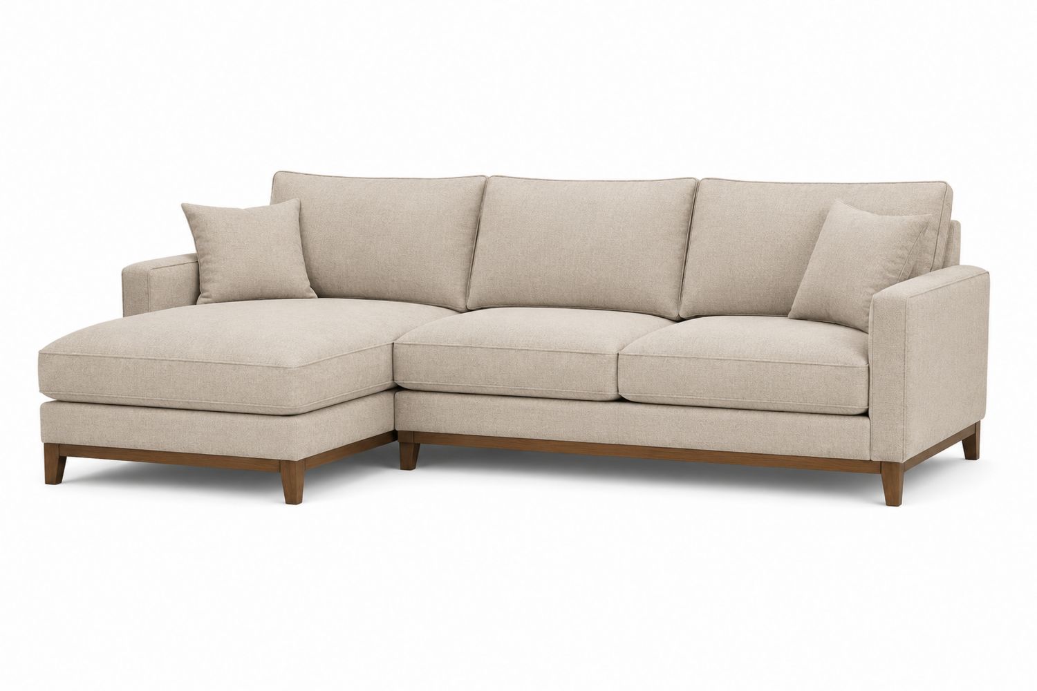 Divano angolare in tessuto beige e legno