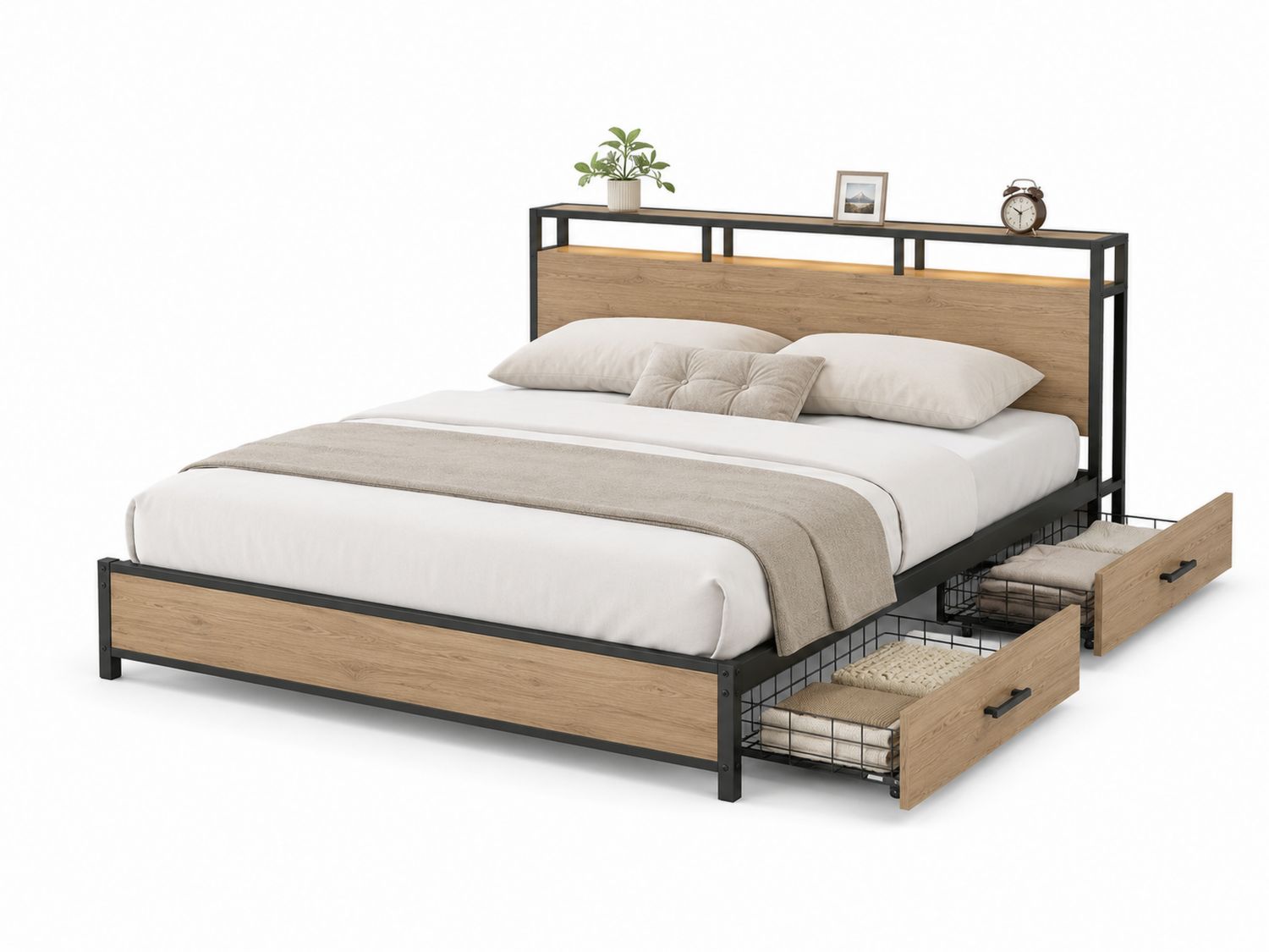 Letto matrimoniale in metallo e legno con cassetti