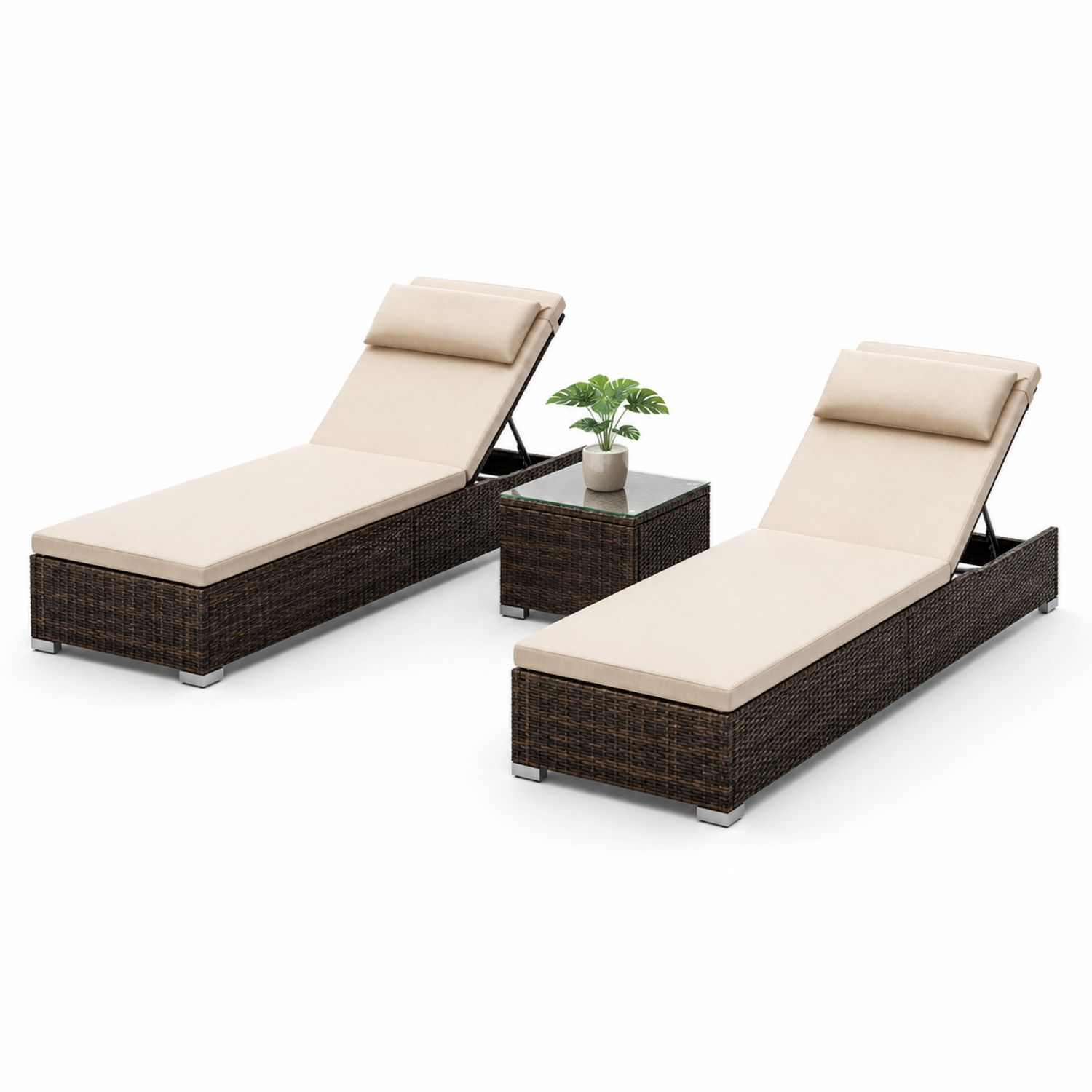 Set di 2 Lettini in Rattan con Tavolino in Vetro e Cuscini Crema