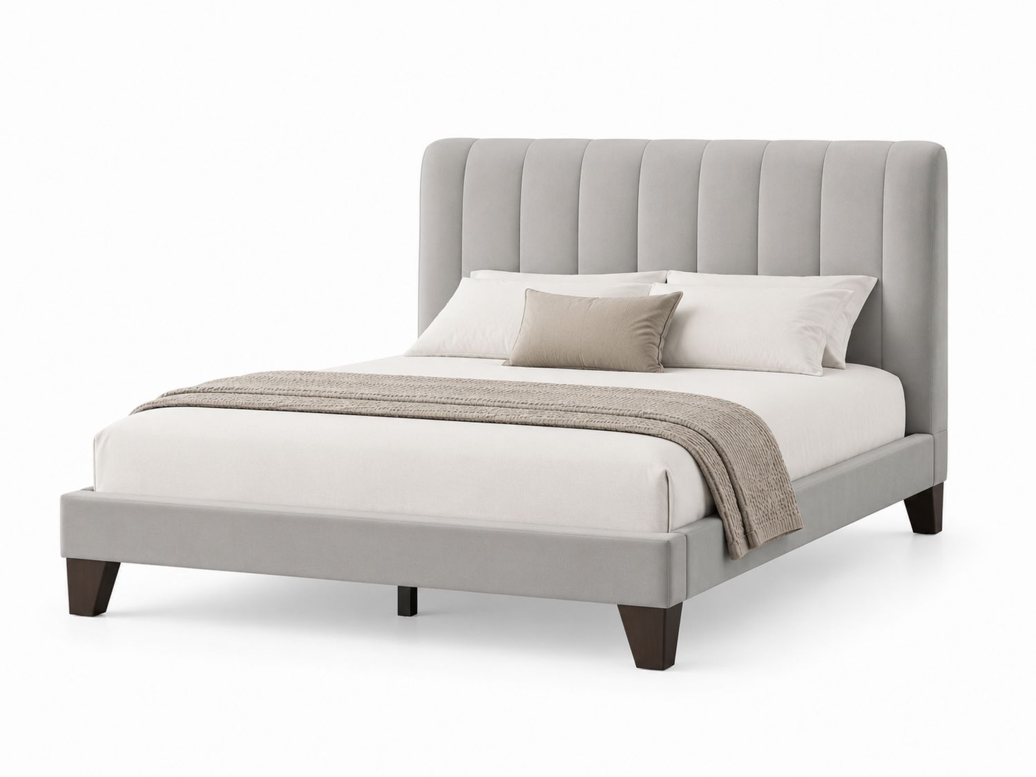 Letto matrimoniale in tessuto grigio con testiera imbottita e gambe in legno