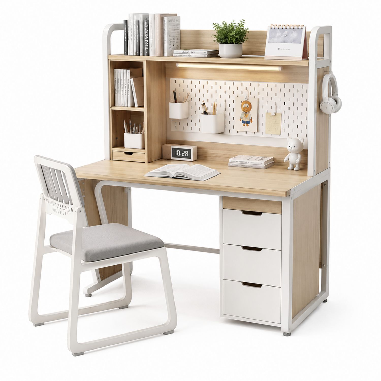 Scrivania con Scaffale e Cassetti in Legno MDF e Metallo Bianco