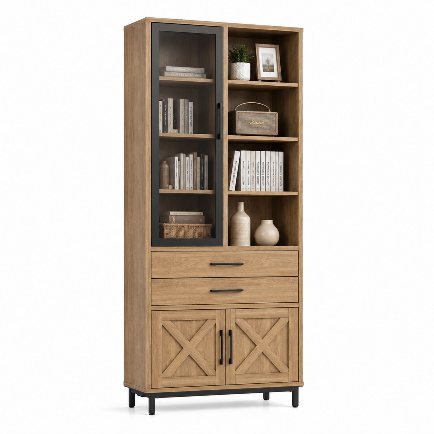 Libreria Alta in Rovere con Ante in Vetro Temperato e Cassetti