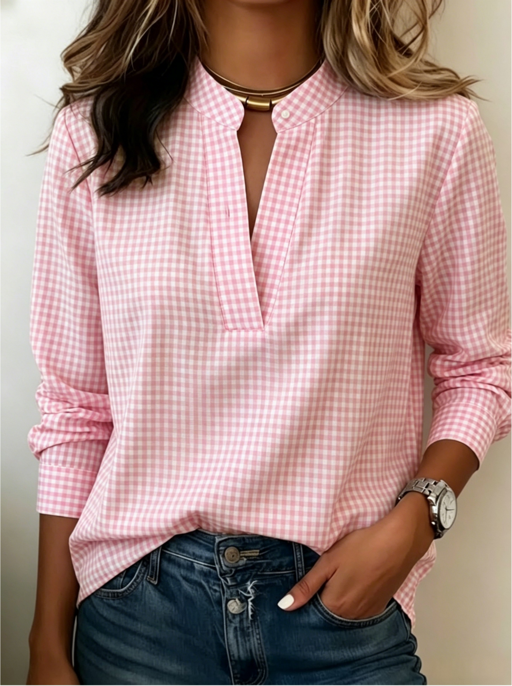 Today 50% Off🔥Women’s Classic Gingham Split V-Neck Blouse (BUY 2 GET FREE SHIPPING)