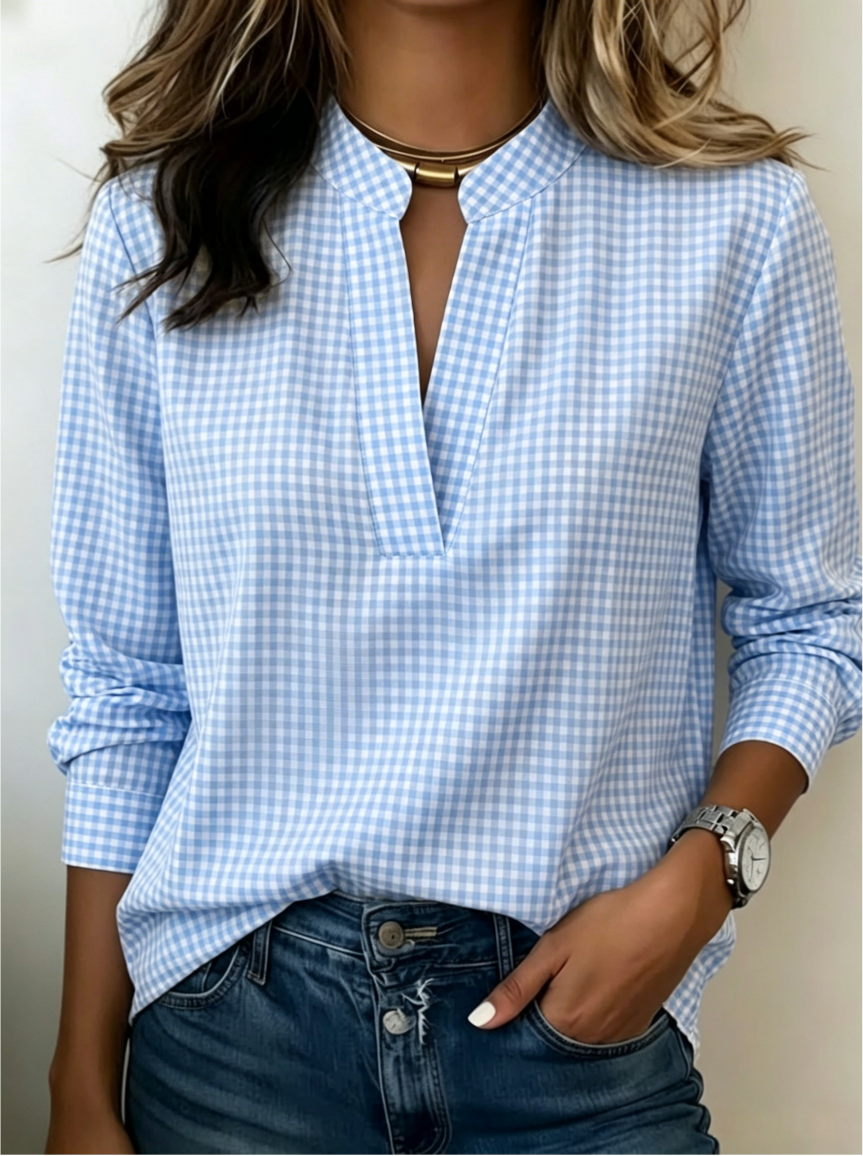 Today 50% Off🔥Women’s Classic Gingham Split V-Neck Blouse (BUY 2 GET FREE SHIPPING)