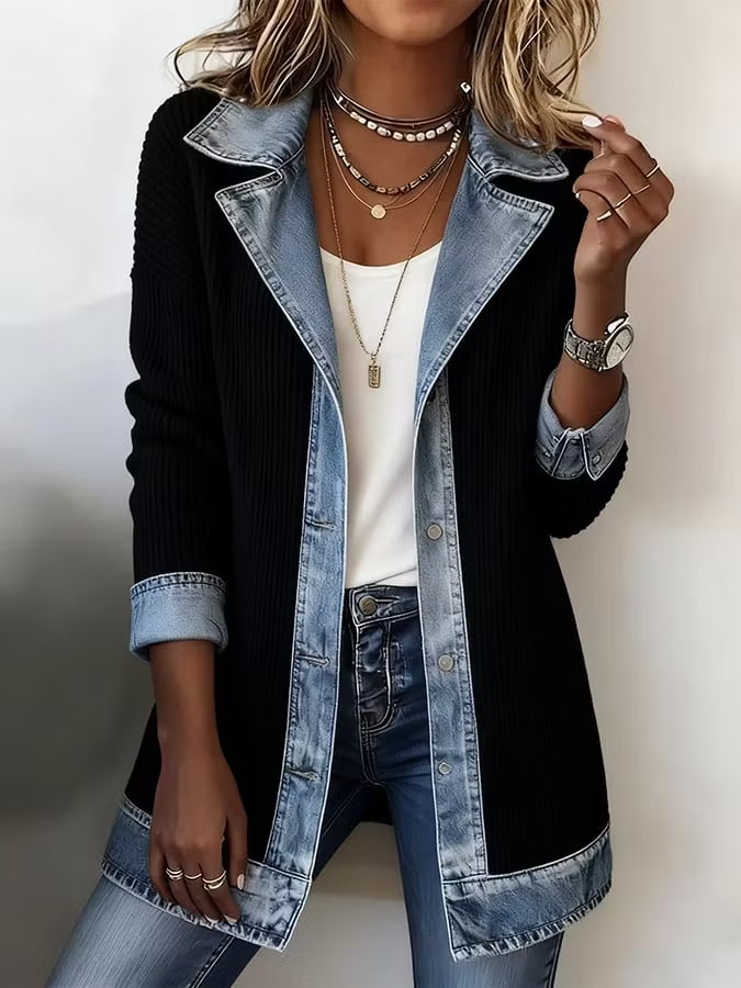 Elegant Mixed Media Denim Knit Cardigan Open Front Lapel Sweater Coat Mid Length Comfort Fit Outerwear