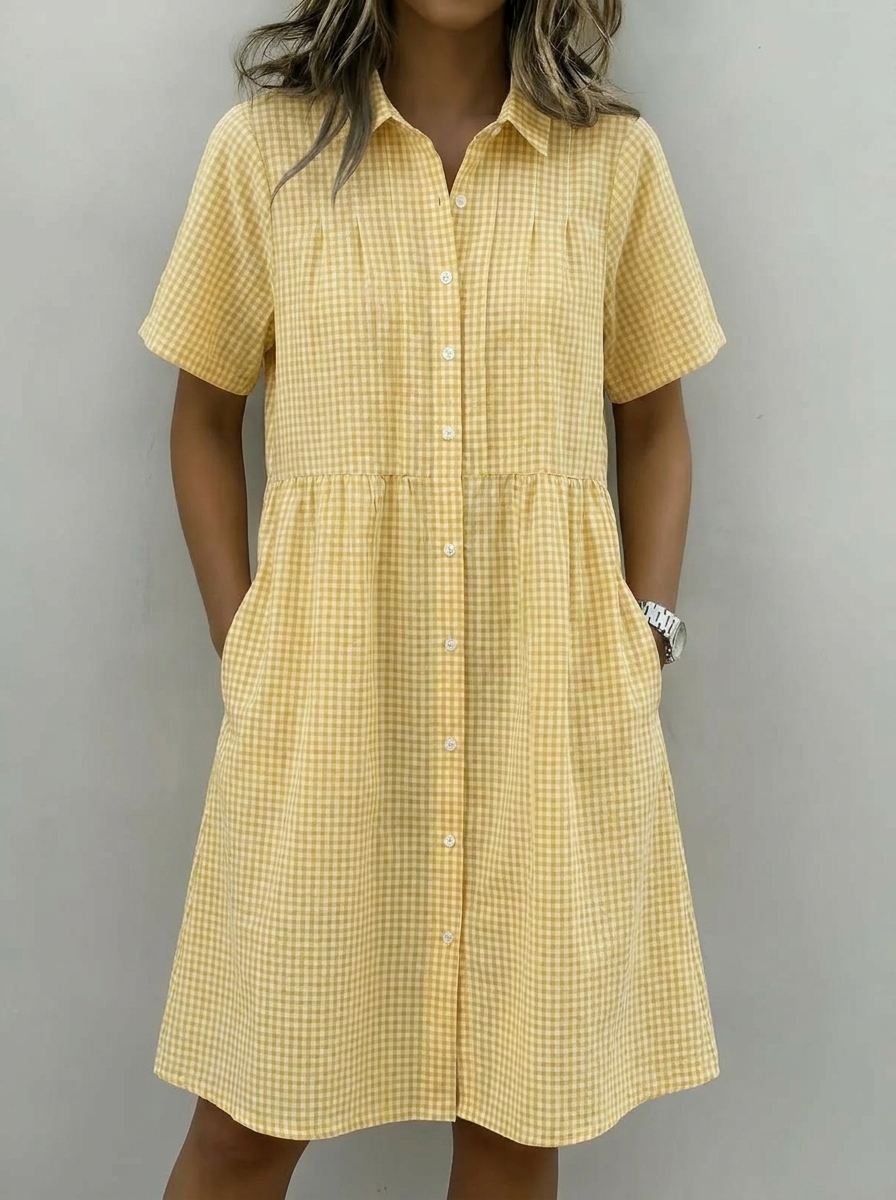 Today 49% off🔥Women’s Cotton Linen Gingham Button-Up Shirt Dress