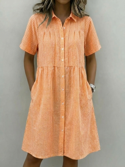 Today 49% off🔥Women’s Cotton Linen Gingham Button-Up Shirt Dress