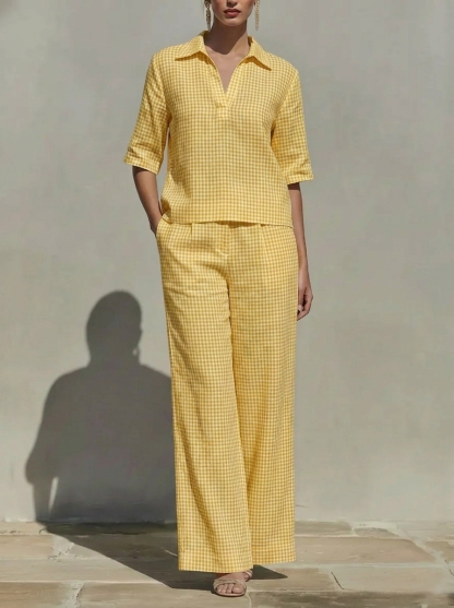 【Buy 2 Free Shipping】Today $39.99 Clearance Price🔥Women’s Cotton Linen Gingham V-Neck Wide Leg Set