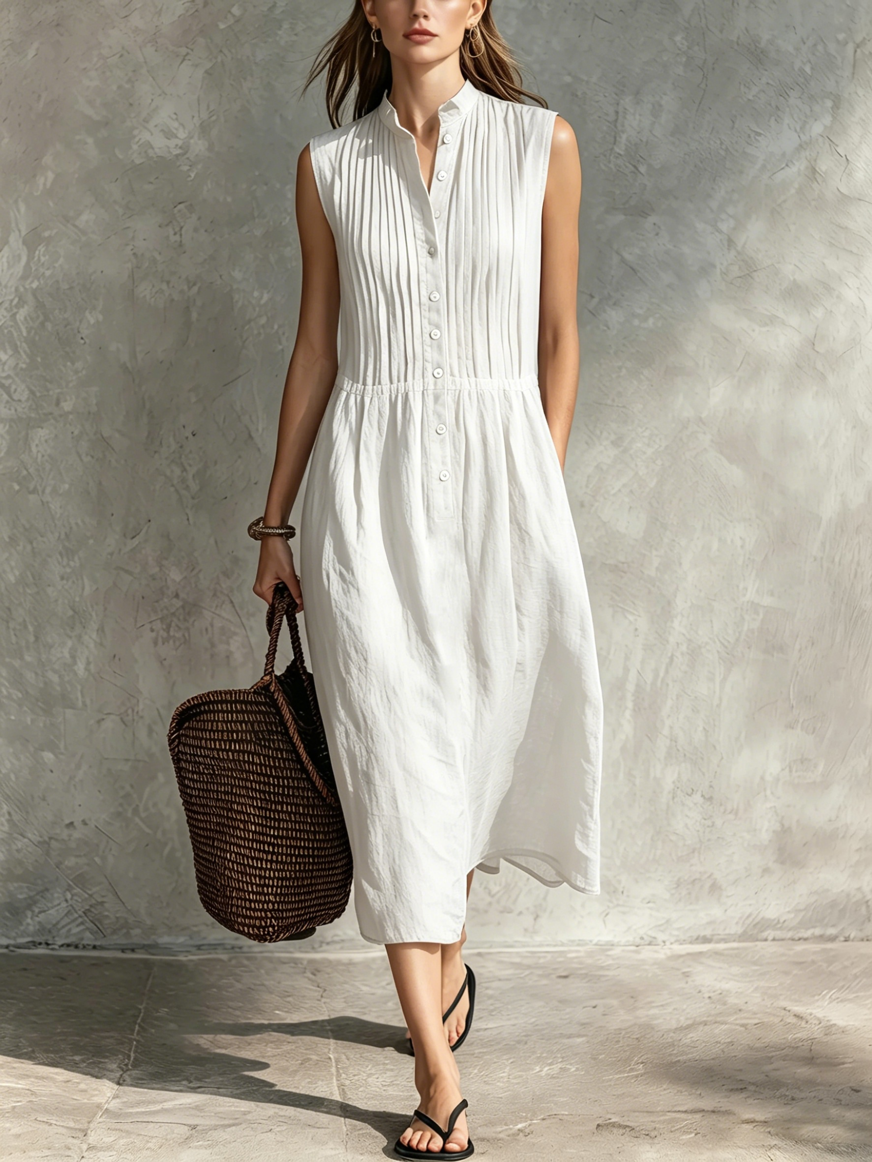 Women’s Casual Cotton-Linen Sleeveless Midi Dress