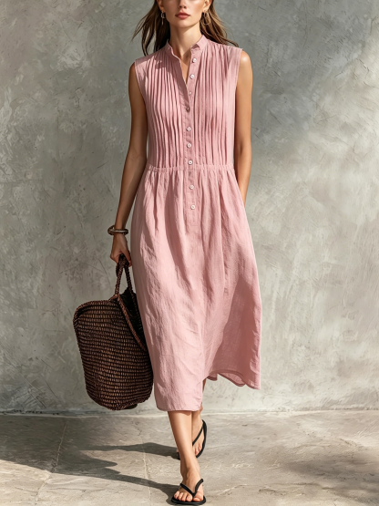 Women’s Casual Cotton-Linen Sleeveless Midi Dress