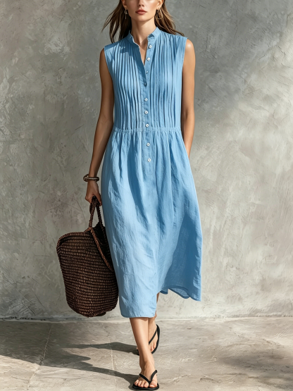 Women’s Casual Cotton-Linen Sleeveless Midi Dress