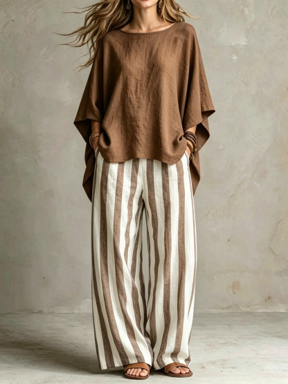 Women Relaxed Linen Stripe Wide-Leg Set