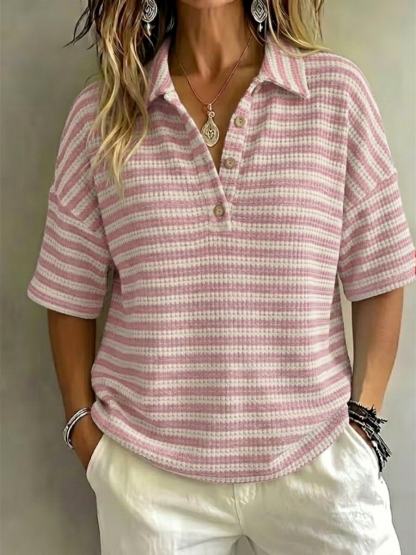 New Arrival 🔥Women'S Fashion Striped Waffle Short-Sleeved Polo Shirt