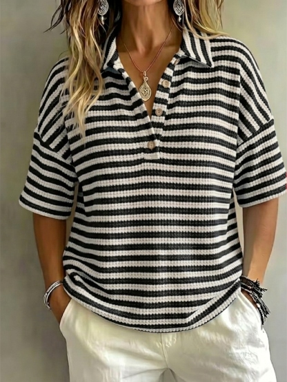 New Arrival 🔥Women'S Fashion Striped Waffle Short-Sleeved Polo Shirt
