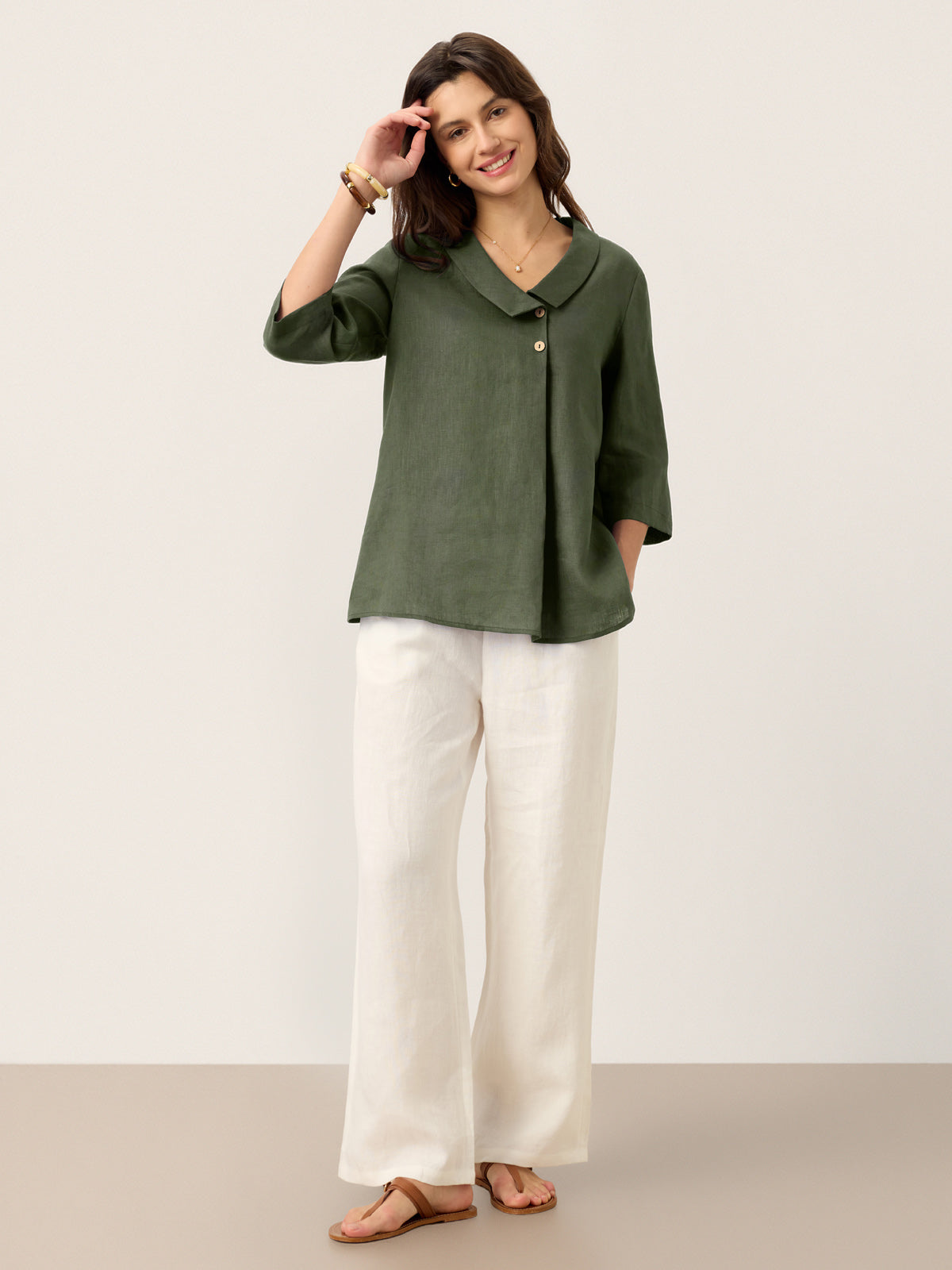 Women's 100% Linen Long-Sleeve Top with Asymmetric Neckline and Inverted Pleat