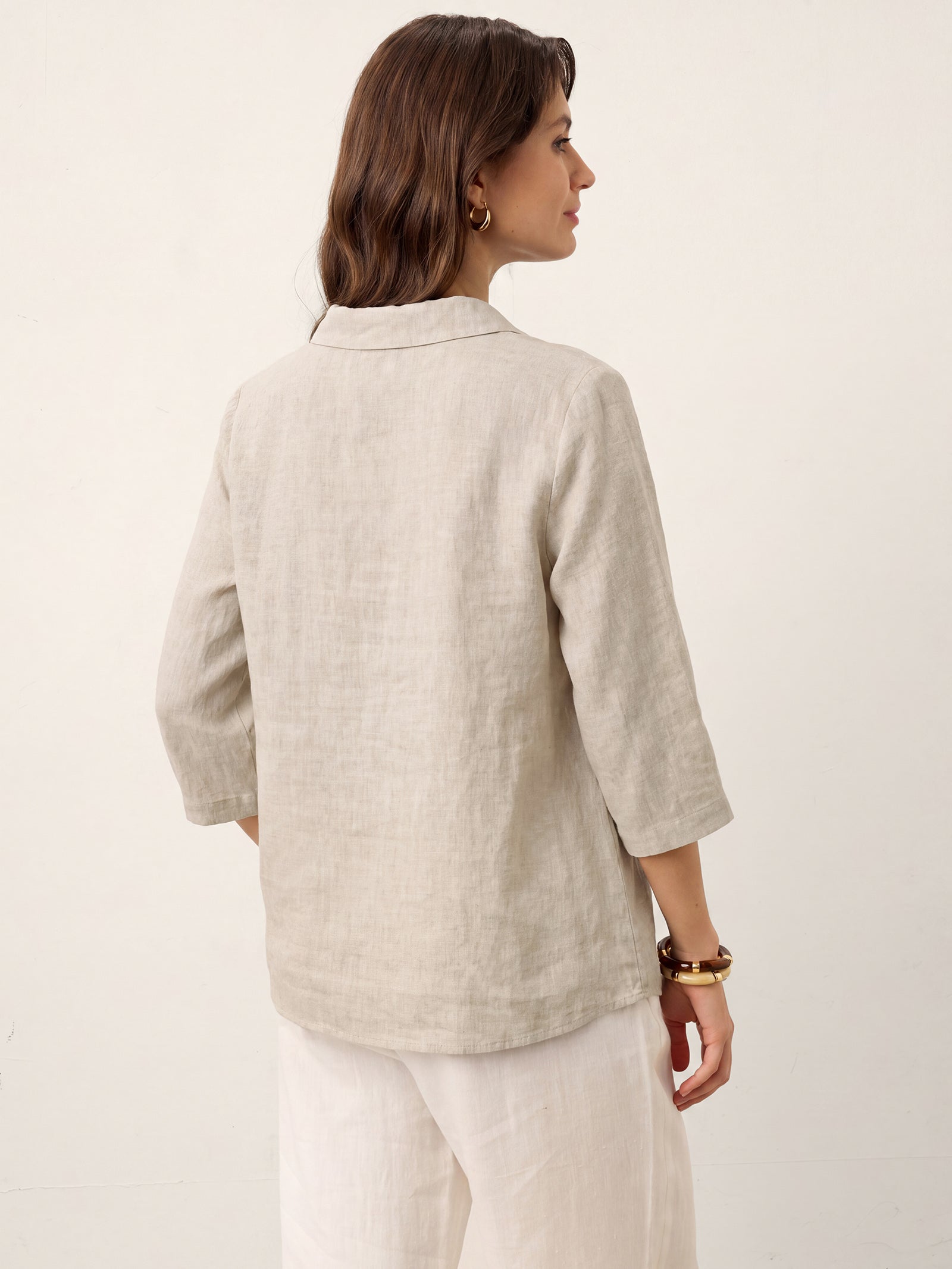 Women's 100% Linen Long-Sleeve Top with Asymmetric Neckline and Inverted Pleat