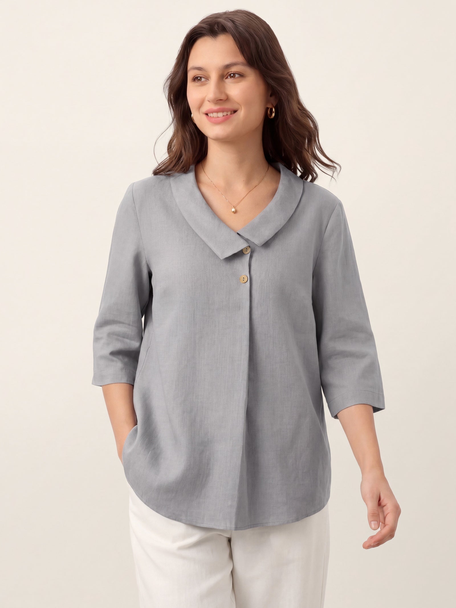 Women's 100% Linen Long-Sleeve Top with Asymmetric Neckline and Inverted Pleat