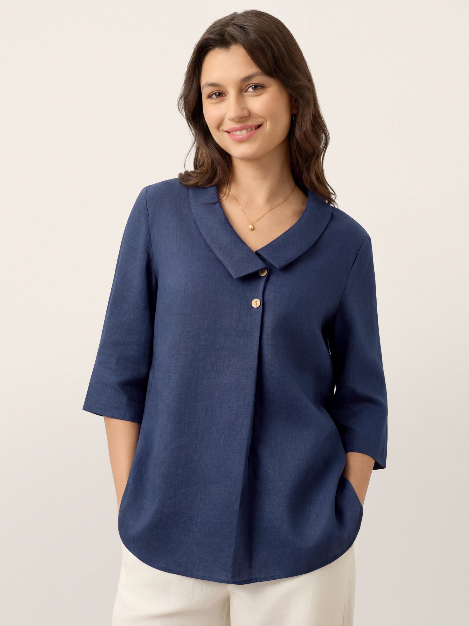 Women's 100% Linen Long-Sleeve Top with Asymmetric Neckline and Inverted Pleat