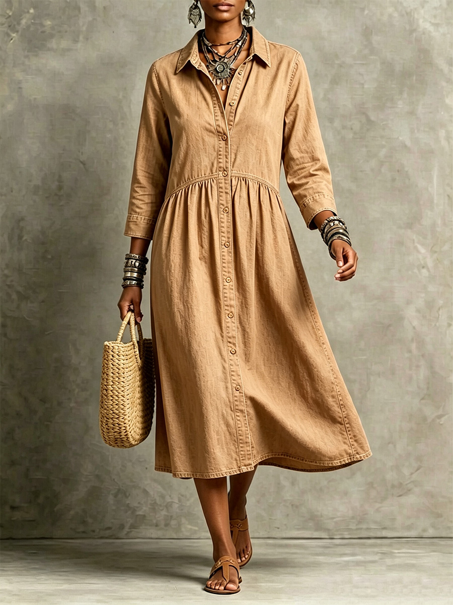 【Buy 2 Free Shipping】CLEARANCE🔥 Vintage-Inspired Button Front Denim Midi Dress
