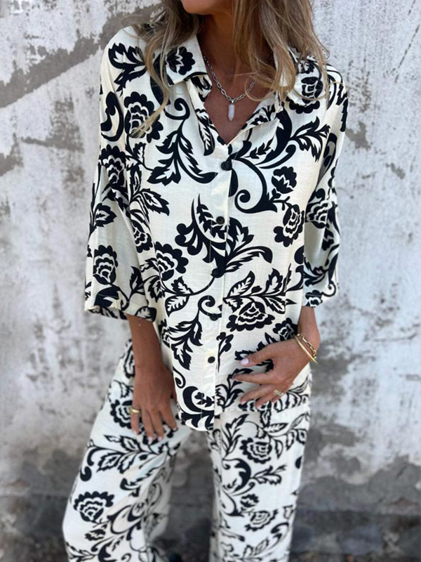Women's Fashion Two Piece Printed Lapel Button-Down Shirt and Wide-Leg Pants Set