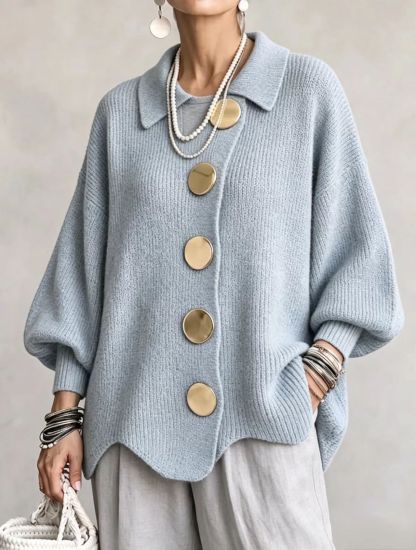 Oversized Collared Knit Cardigan With Large Metal Buttons