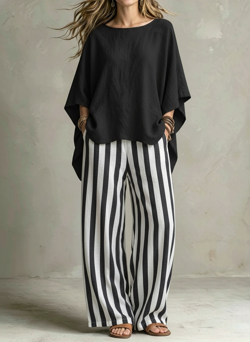 Women Relaxed Linen Stripe Wide-Leg Set