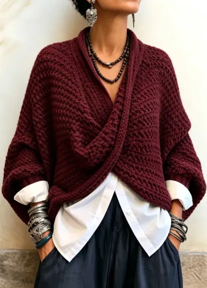 Cozy Relaxed Batwing Sleeves Crossover V-neck Sweater