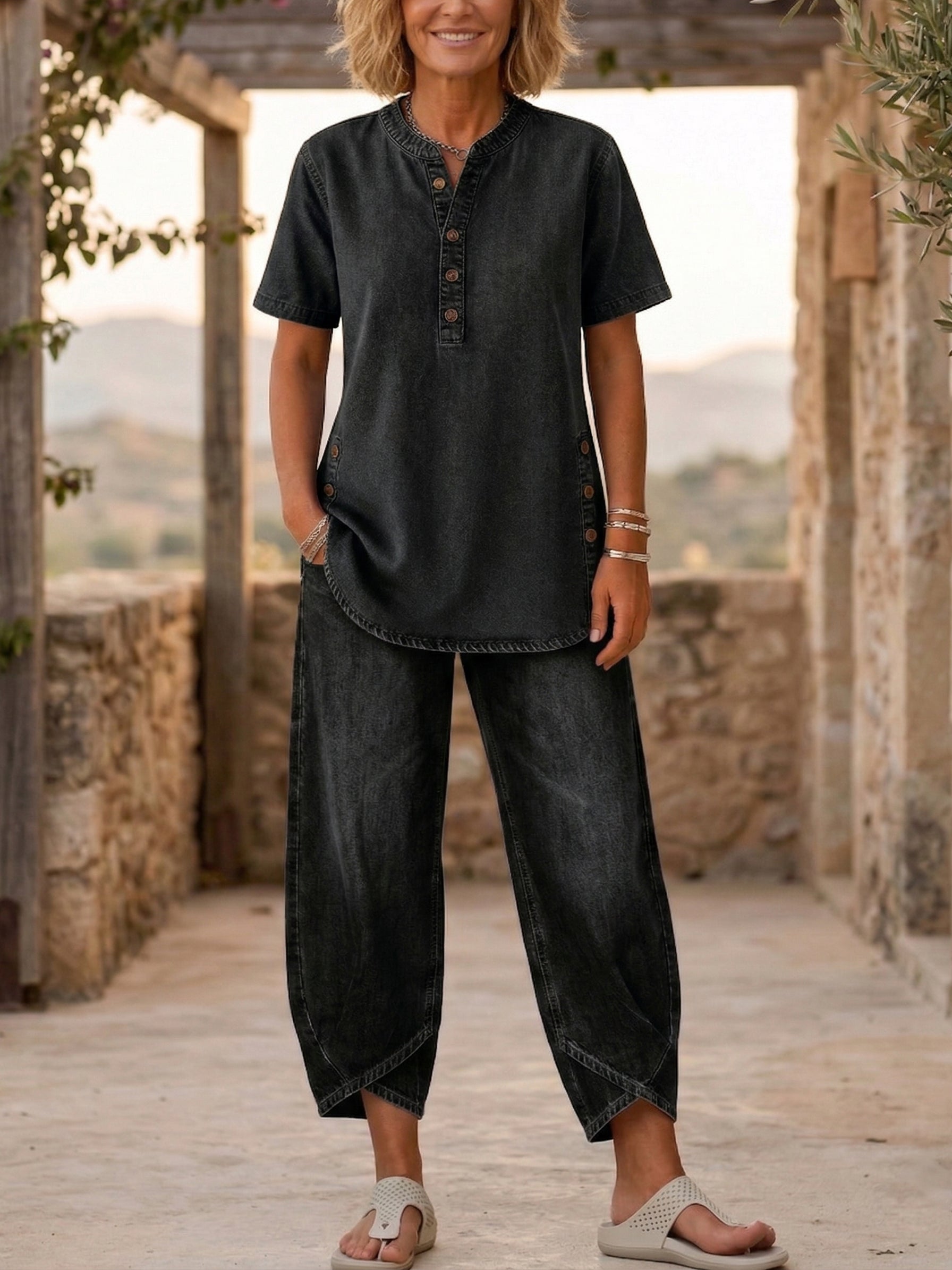 【Buy 2 Free Shipping】Women‘s Short-sleeve denim Two-piece set