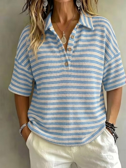New Arrival 🔥Women'S Fashion Striped Waffle Short-Sleeved Polo Shirt