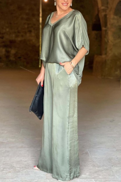 Women's V-Neck Tops Long Pants Set Casual Loose Outfit Summer Homewear Suit
