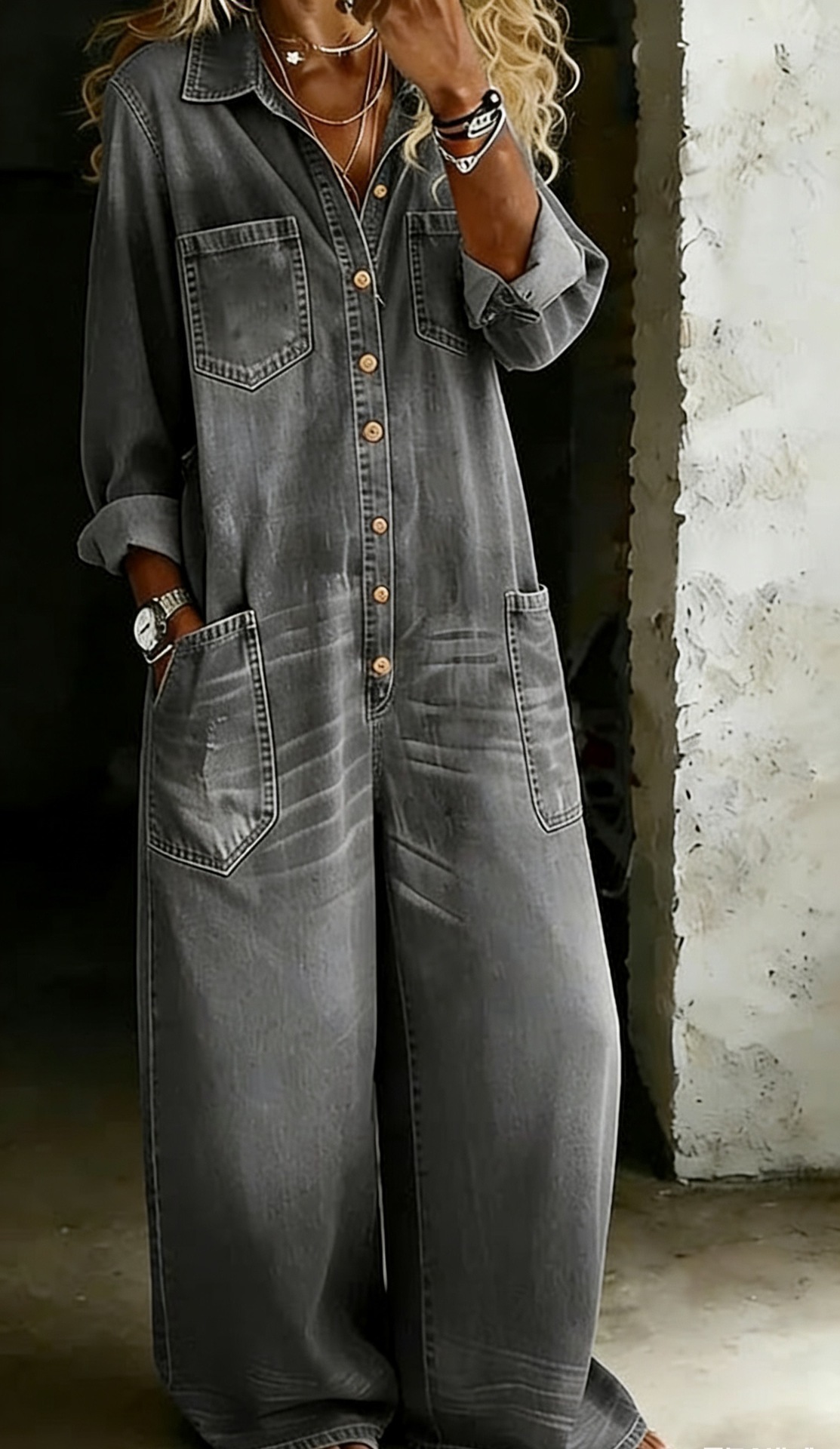 Women's Casual Peter Pan Collar Cotton Denim Wide-leg Jumpsuit