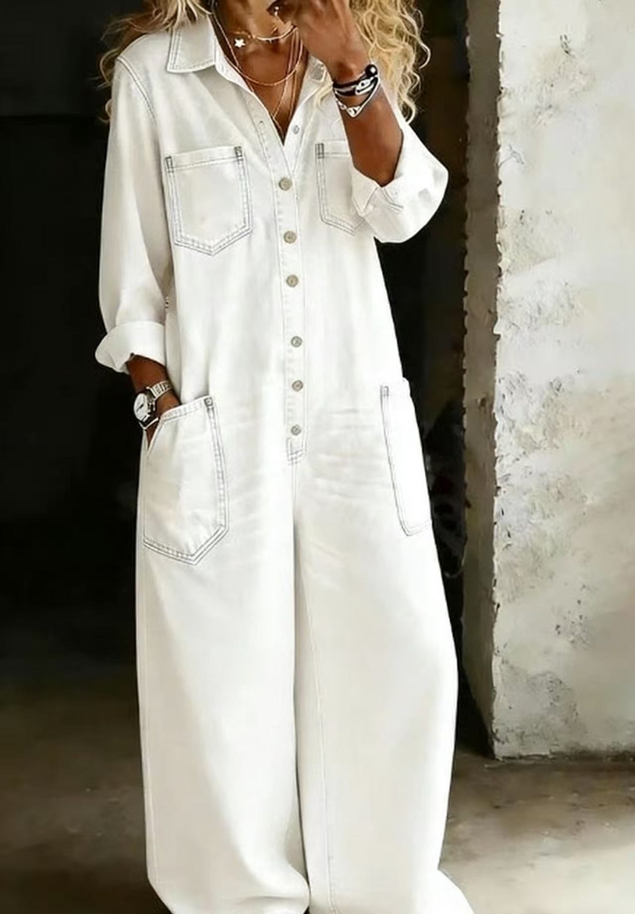 Women's Casual Peter Pan Collar Cotton Denim Wide-leg Jumpsuit
