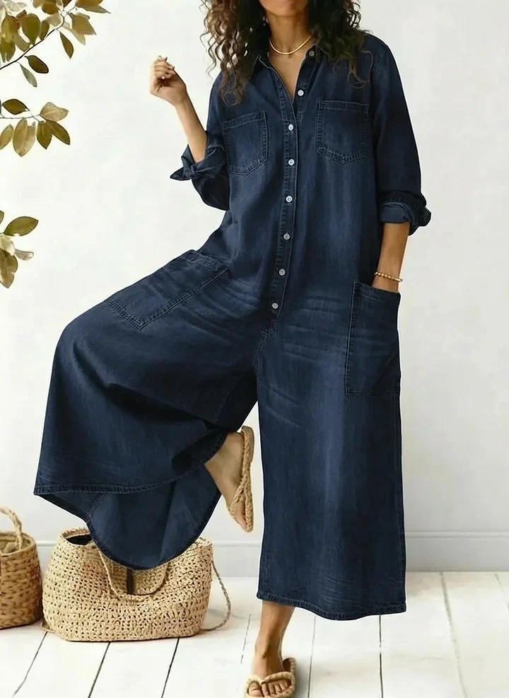 Women's Casual Peter Pan Collar Cotton Denim Wide-leg Jumpsuit