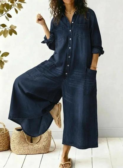 Women's Casual Peter Pan Collar Cotton Denim Wide-leg Jumpsuit