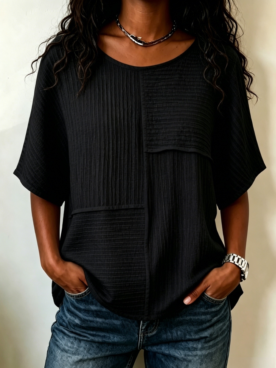 🔥CLEARANCE SALE🔥Women's Textured Patchwork Top with Round Neck and Short Sleeves
