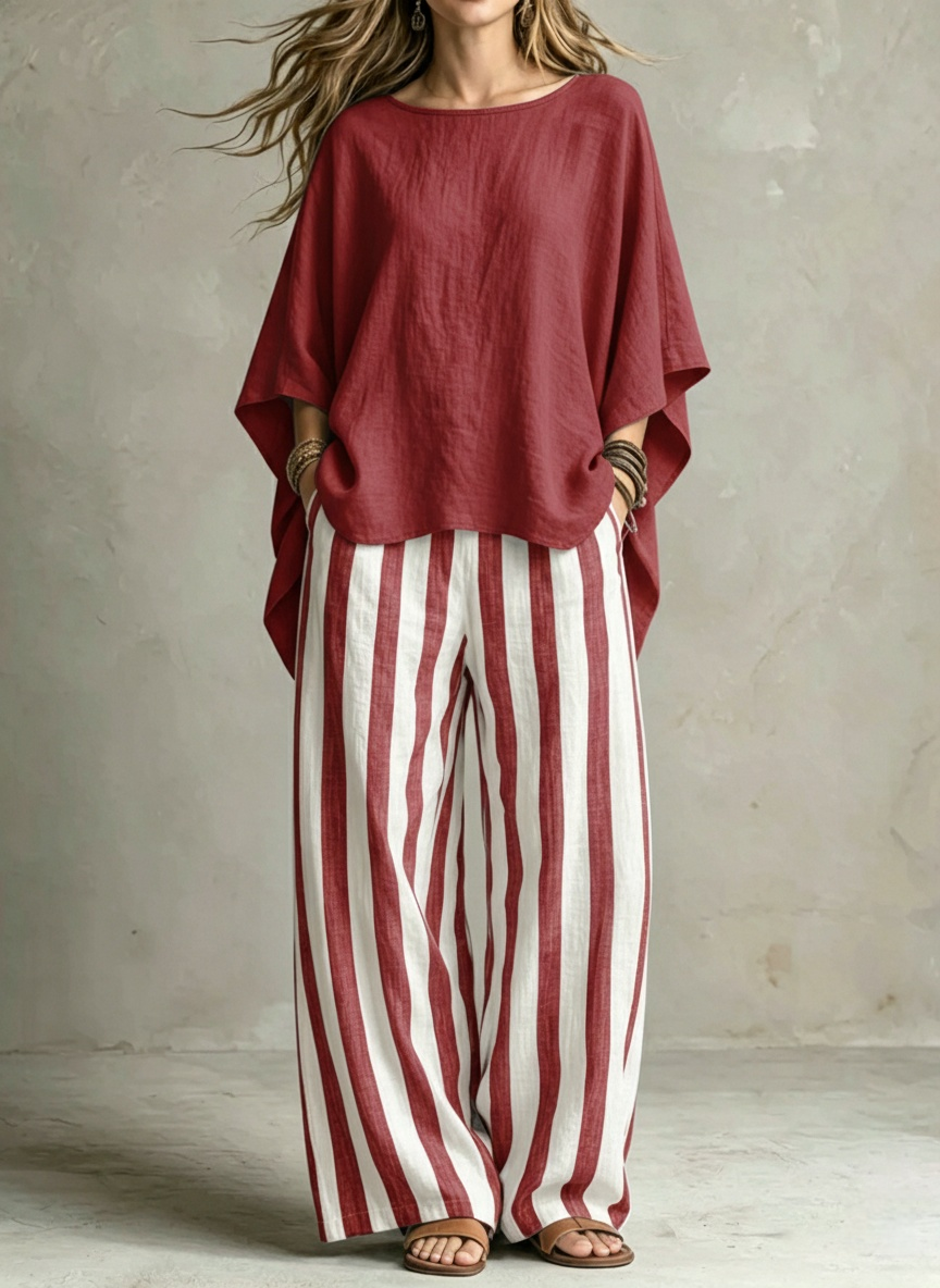 Women Relaxed Linen Stripe Wide-Leg Set