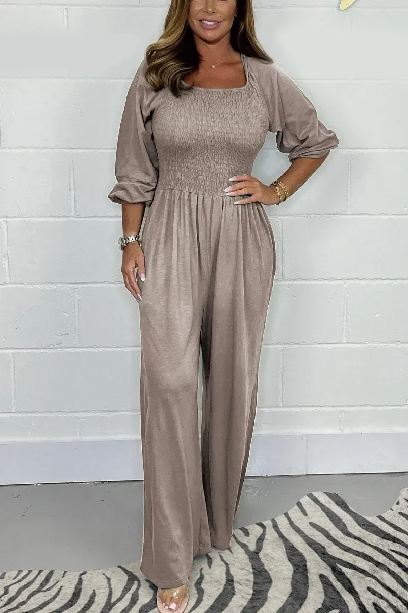 CLEARANCE🔥 Solid Color Long Sleeve Elastic Waist Wide Leg Jumpsuit