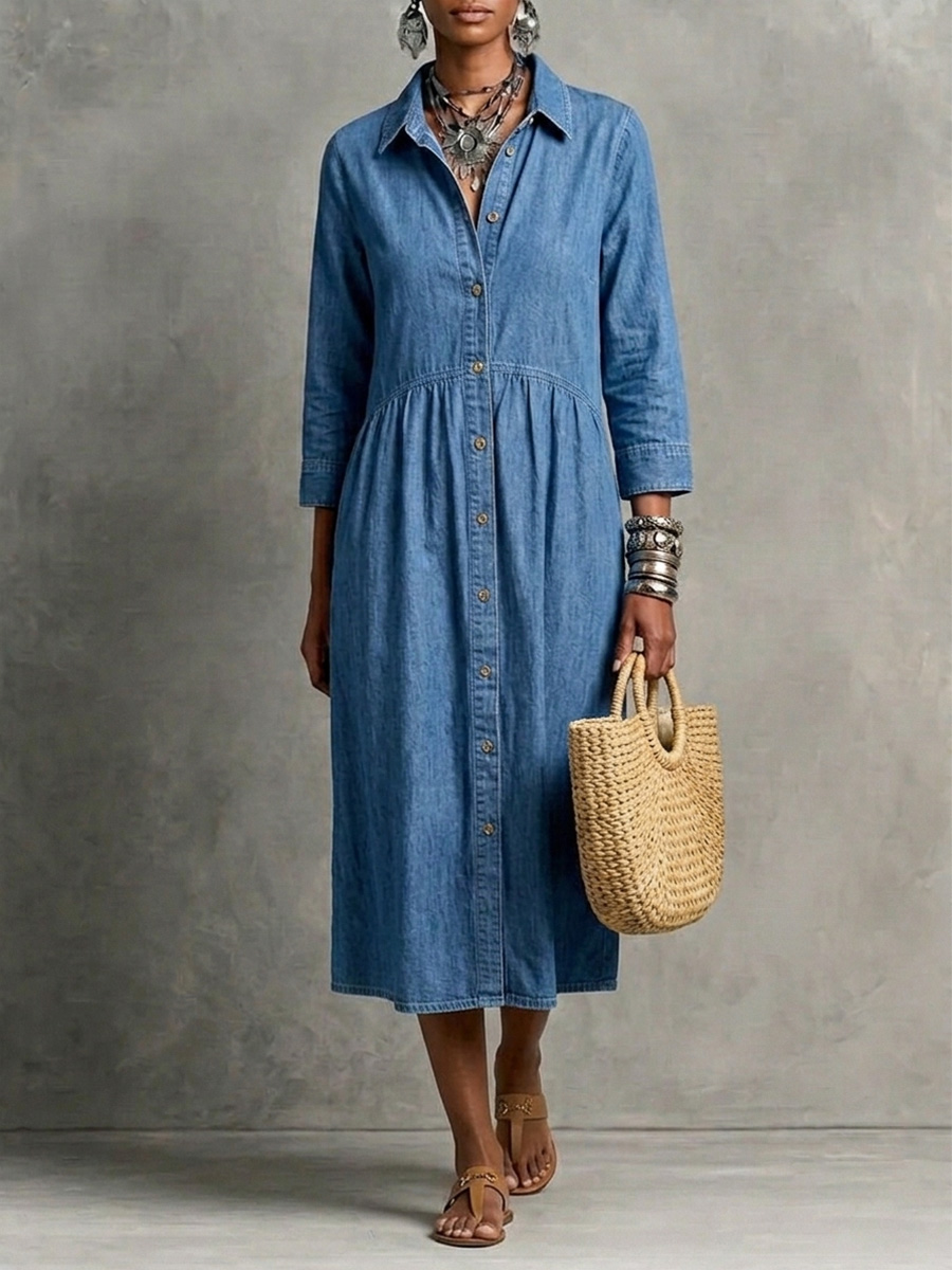 【Buy 2 Free Shipping】CLEARANCE🔥 Vintage-Inspired Button Front Denim Midi Dress
