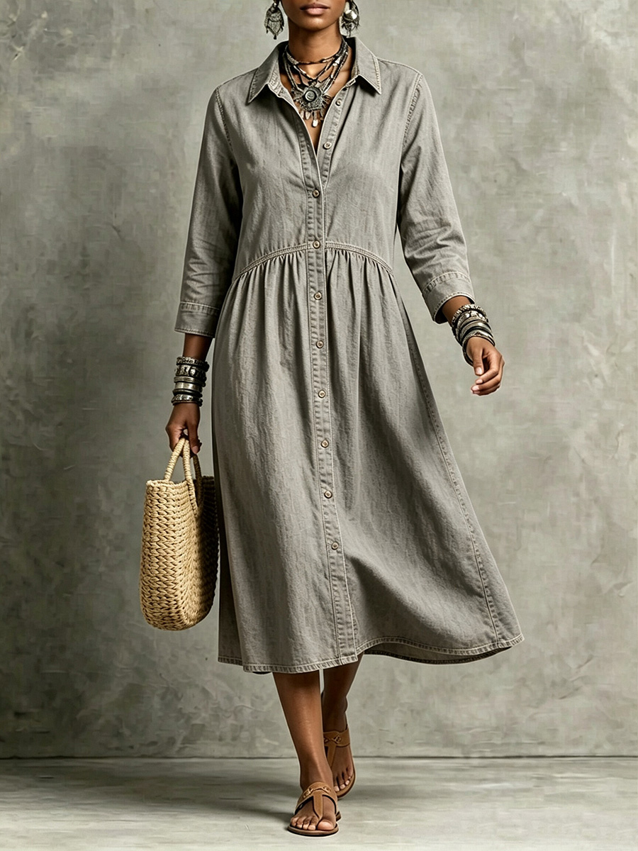【Buy 2 Free Shipping】CLEARANCE🔥 Vintage-Inspired Button Front Denim Midi Dress