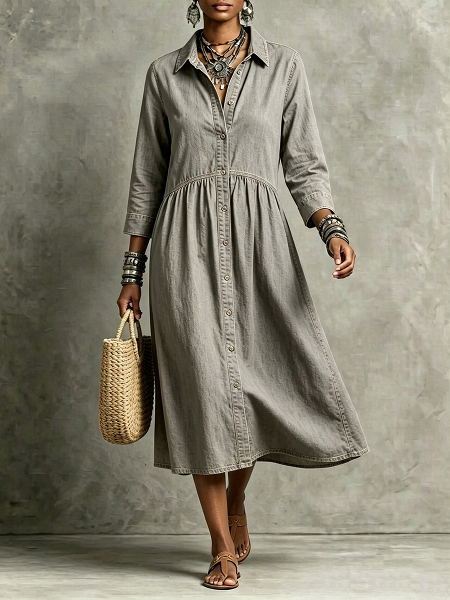【Buy 2 Free Shipping】CLEARANCE🔥 Vintage-Inspired Button Front Denim Midi Dress