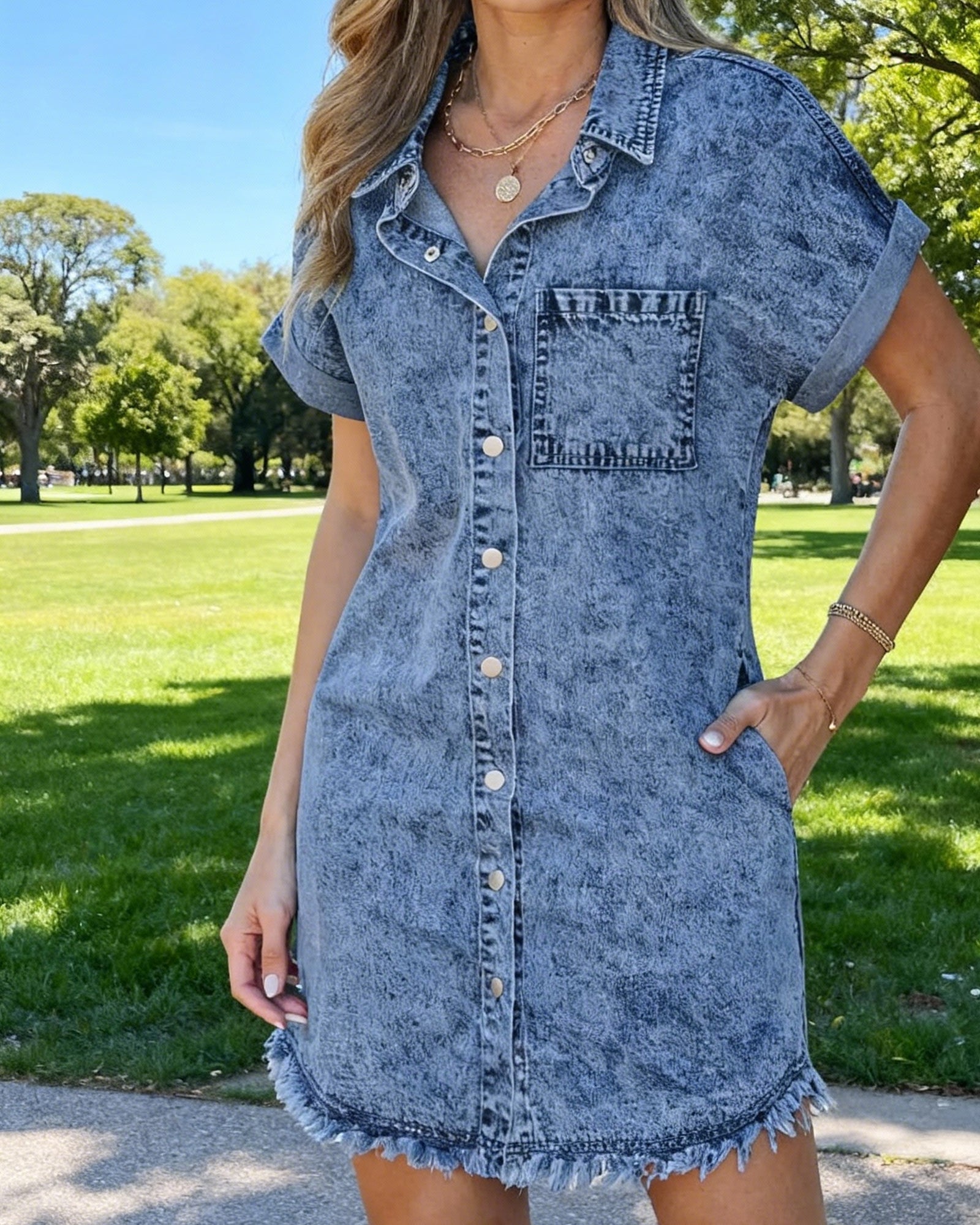 🔥Women's Button Down Frayed Hem Denim Shirt Dresses