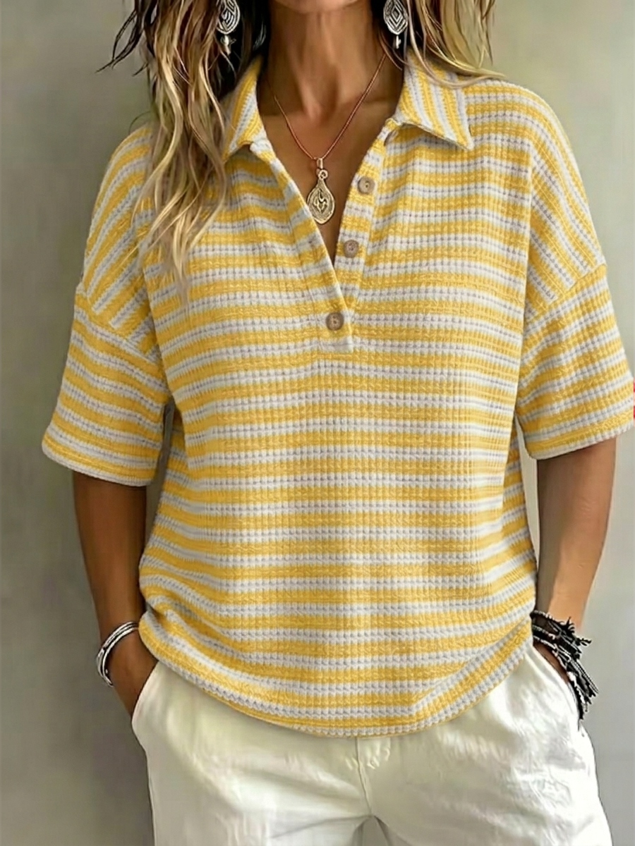 New Arrival 🔥Women'S Fashion Striped Waffle Short-Sleeved Polo Shirt
