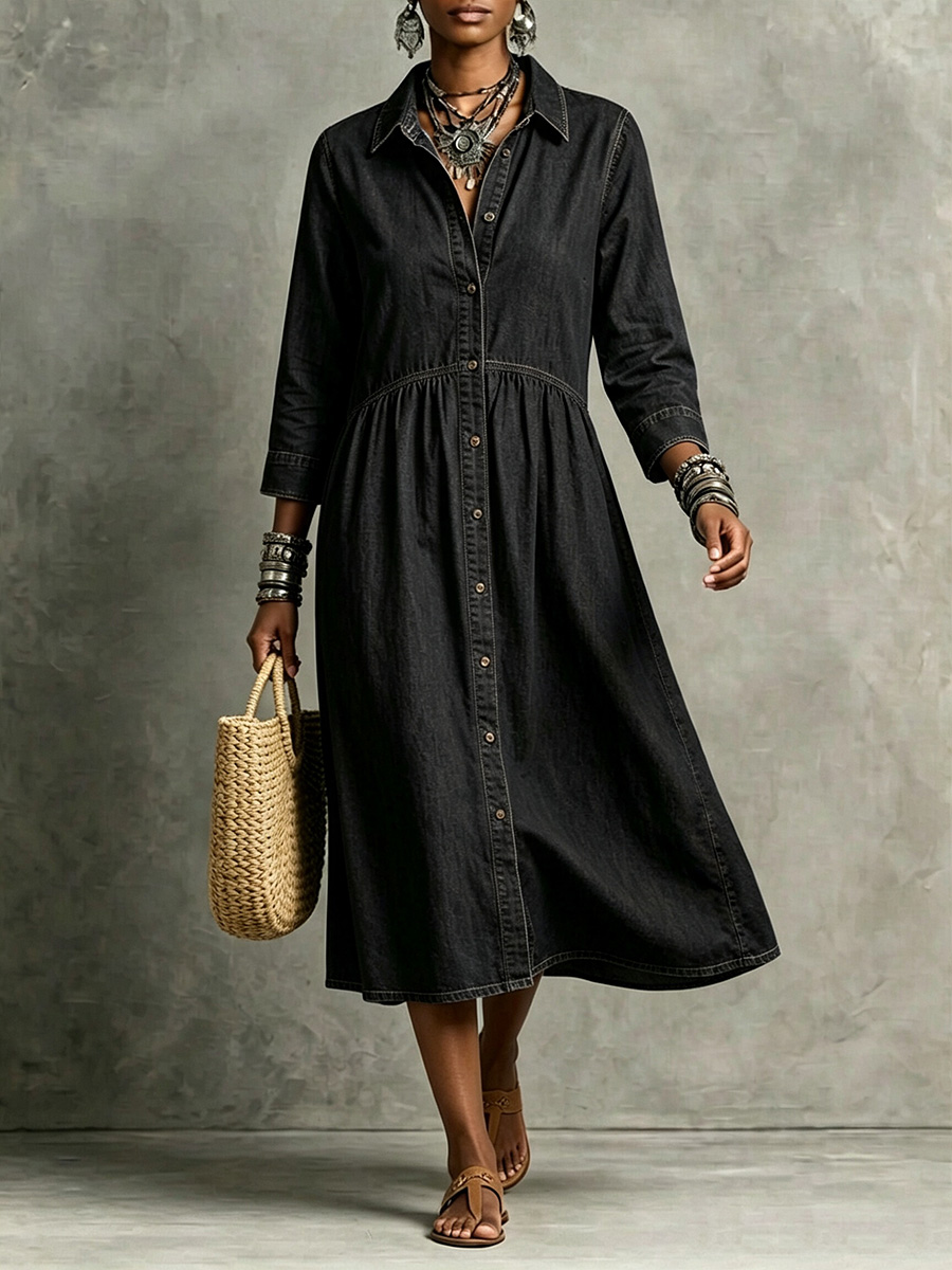 【Buy 2 Free Shipping】CLEARANCE🔥 Vintage-Inspired Button Front Denim Midi Dress