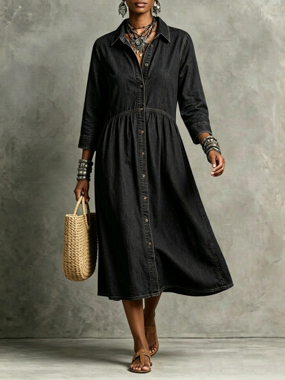 【Buy 2 Free Shipping】CLEARANCE🔥 Vintage-Inspired Button Front Denim Midi Dress