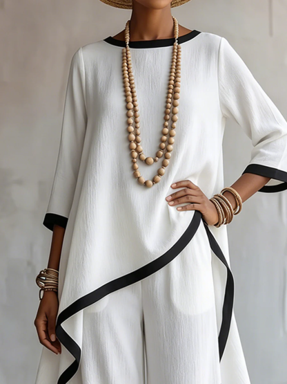 【Buy 2 Free Shipping】Stylish Cotton-linen Two-piece Set With Elegant Color-contrast Trim