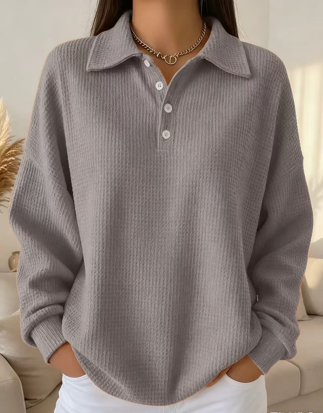 Cozy Casual Polo Collar Waffle Shirt