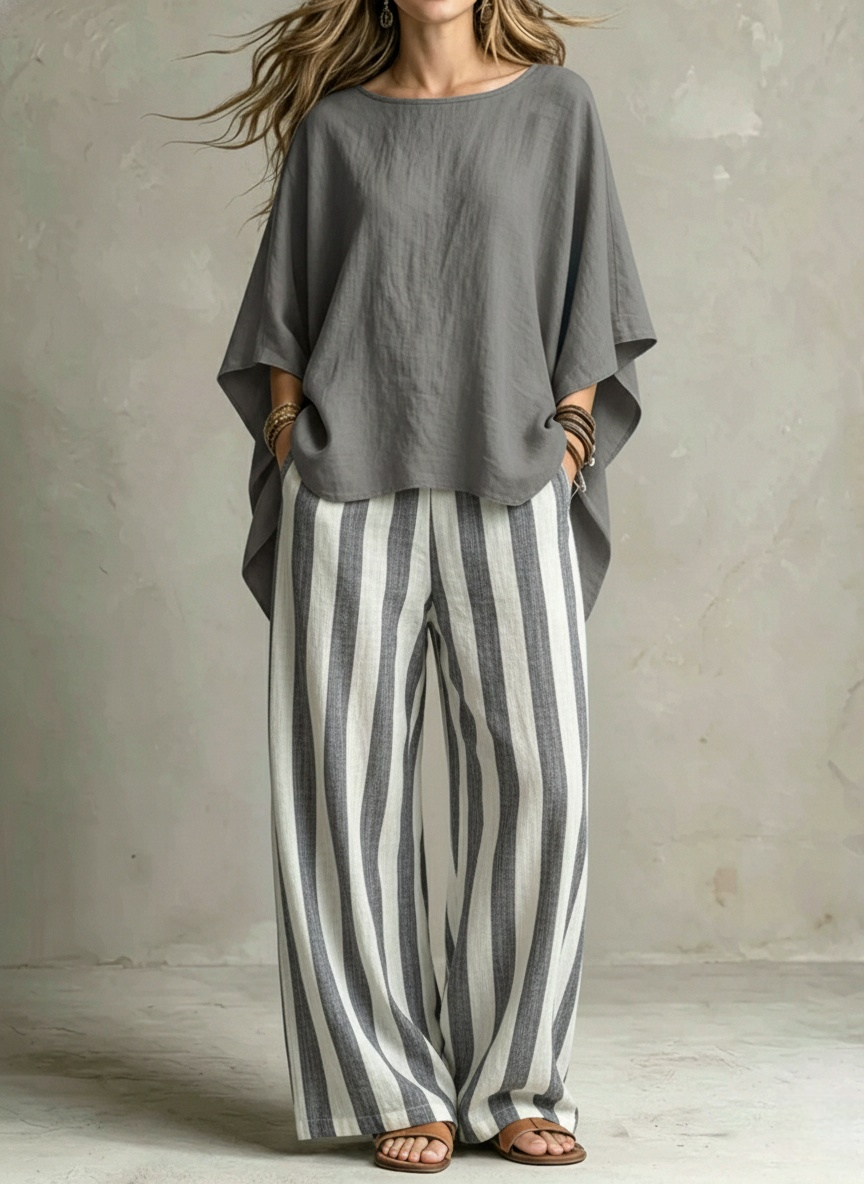 Women Relaxed Linen Stripe Wide-Leg Set
