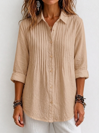 【Buy 2 Free Shipping】New Arrival 🔥 Women's Solid-color Casual Pleated Cotton-linen Shirt