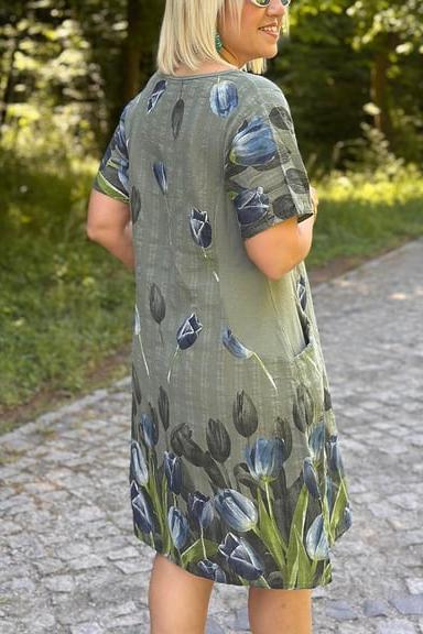 CLEARANCE🔥Women's Round Neck Pocket Tulip Pattern Cotton and Linen Dress